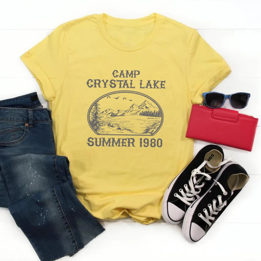 

Футболка Camp Crystal Lake Friday The 13th, винтажные рубашки, рубашки из фильмов ужасов, футболка Camp Counselor, топы в стиле ретро 80-х годов с короткими рукавами