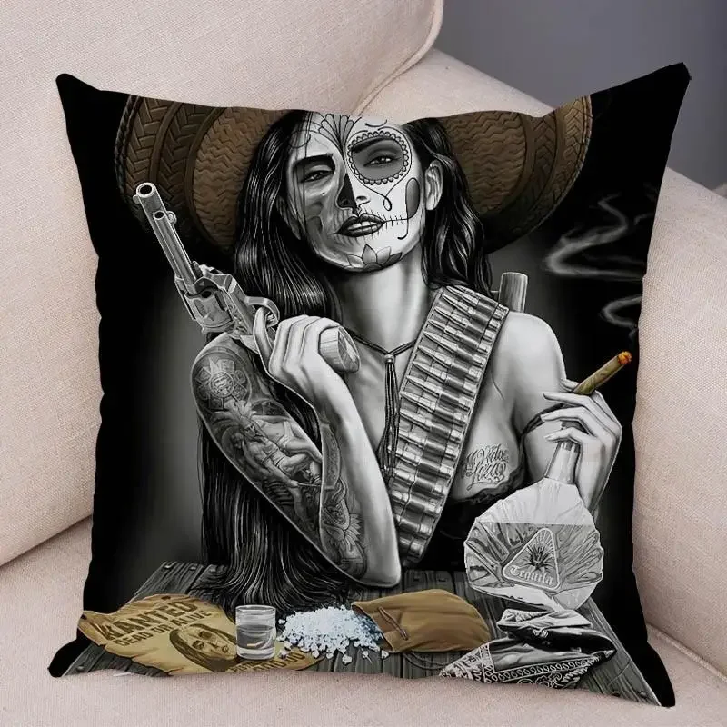 Motorcycle Skull and Sexy Girl Cushion Cover Sofa Home Dead Soul Pillowcase Decoration Polyester Cartoon - view 3
