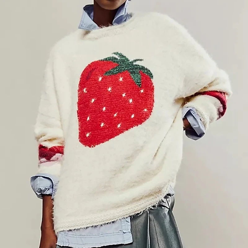 Female O-neck Loose Fit Knitted Pullover Casual Comfortable Sweater Tops New 2025 Autumn Pattern Printed Long Sleeved Sweaters