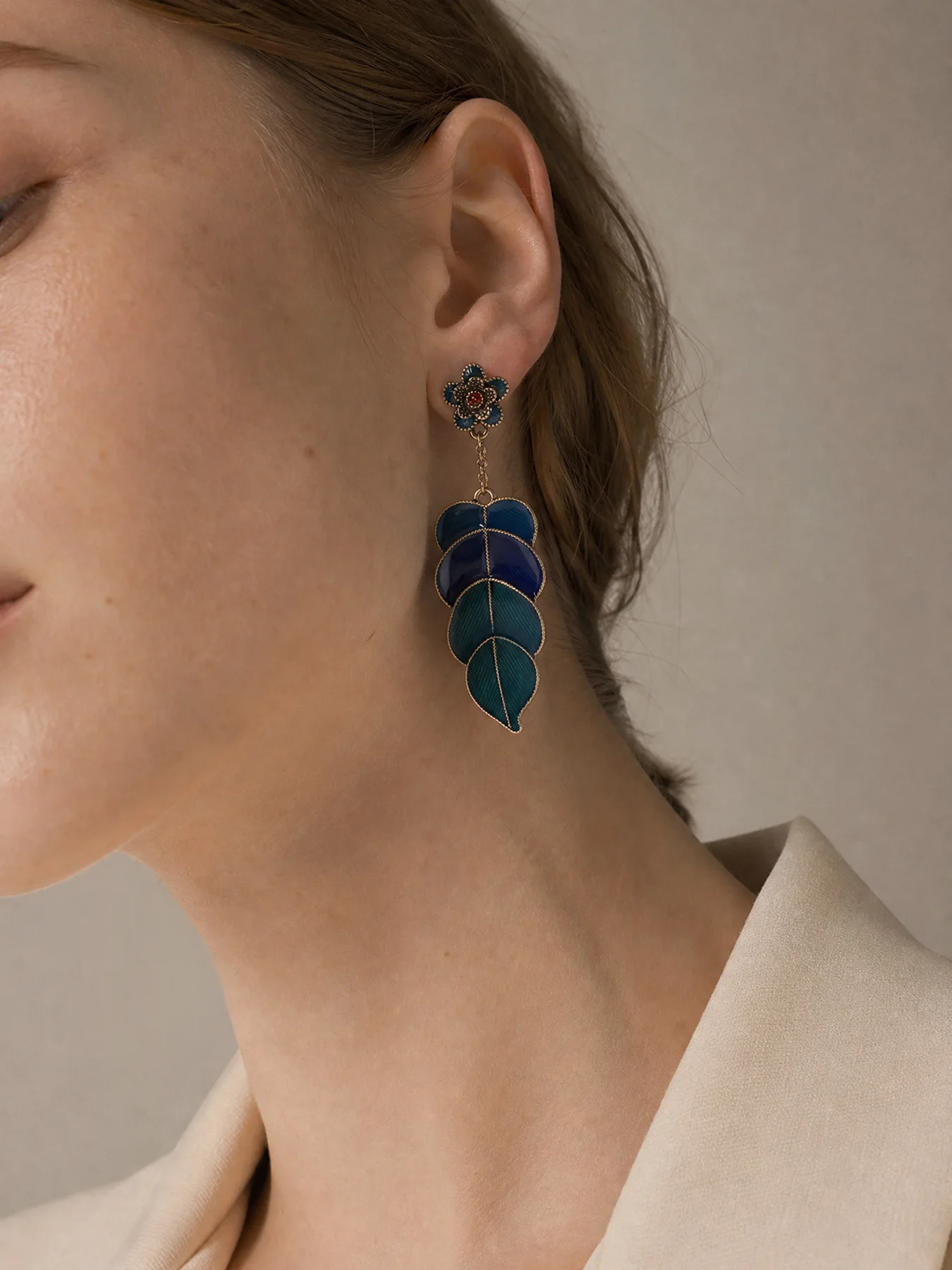 Women's Vintage Enamel Drop Earrings, Flower Stud with Swarovski Crystal Gradient Blue Green Feather 925 Silver Post, Wedding Br