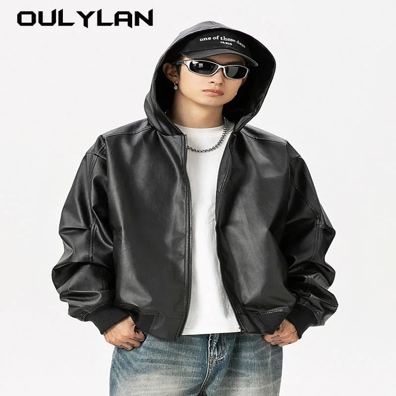 2024 Fall New Structure Splicing Design Function Loose Hooded Leather Jacket Retro Leather Jacket for Men