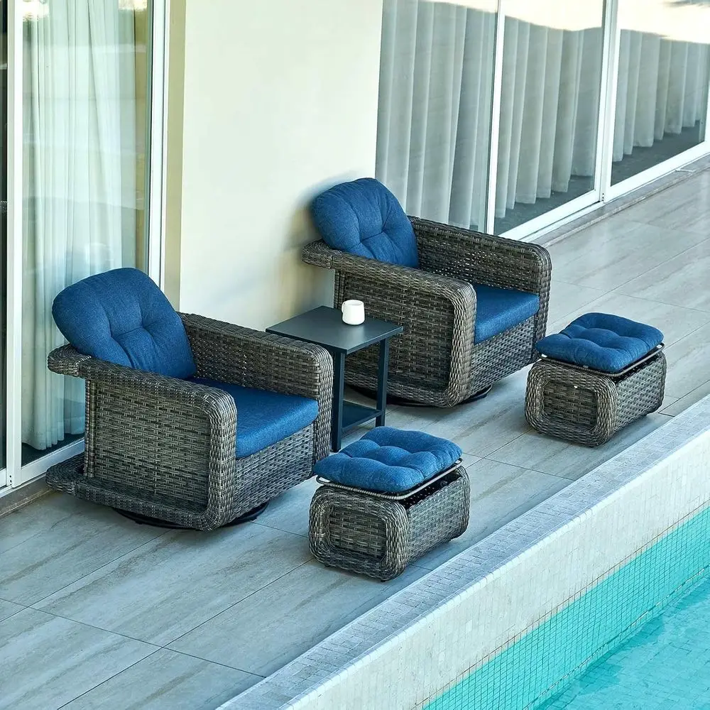 

5-Piece Swivel Rocker Patio Furniture Set with Ottoman, 360° Rotation, Rust-Resistant Cushions - Ideal for Outdoor Spaces in Gra