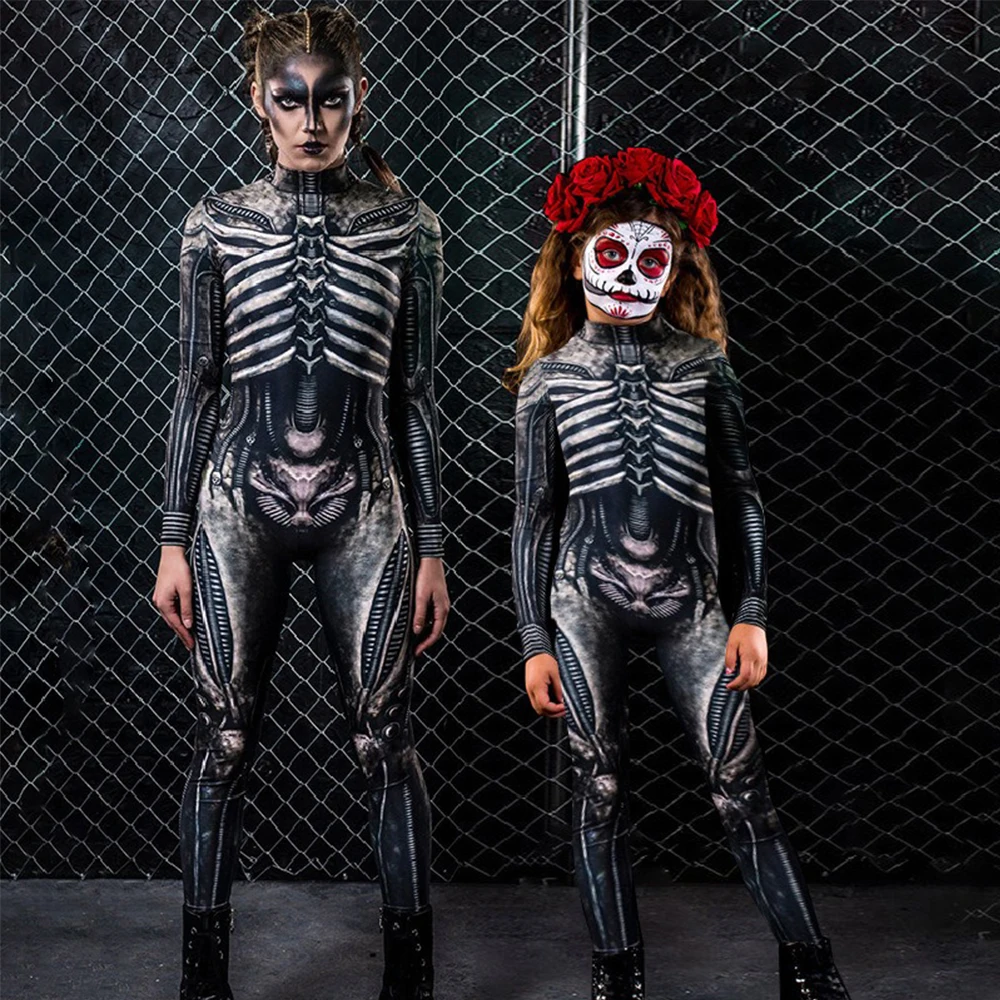 

Skeleton Print Jumpsuit Costume Horror Party Halloween Bodysuit Full Body Outfit Scary Cosplay Wear Stretchy Carnival Apparel