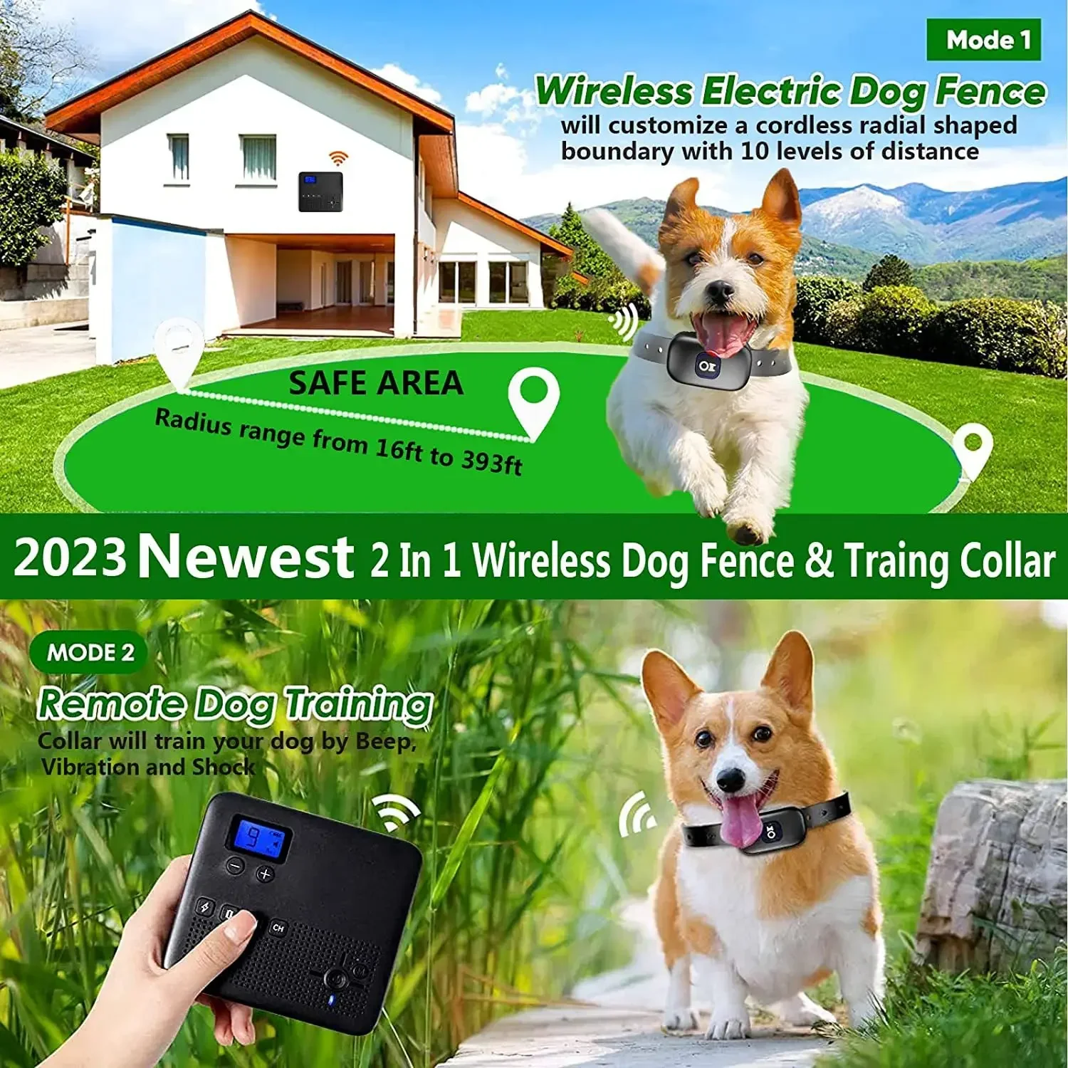 2 In 1 Electric Pet Wireless Fence, Rechargeable Dog Training Collar, Outdoor Pet Containment System Anti Runaway Up to 3 Dogs