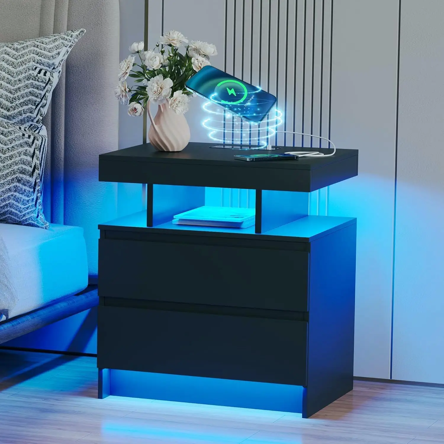 LED Nightstand With Charging Station Smart Bedside Table Black, Customized