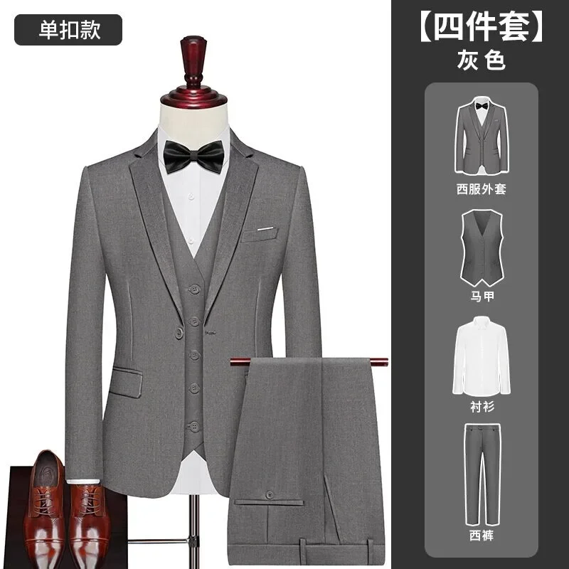 بدلة (سترة + سترة + بنطلون + قميص) ملابس عمل عصرية للرجال بلون سادة للرجال، بدلة أداء غير رسمية #5