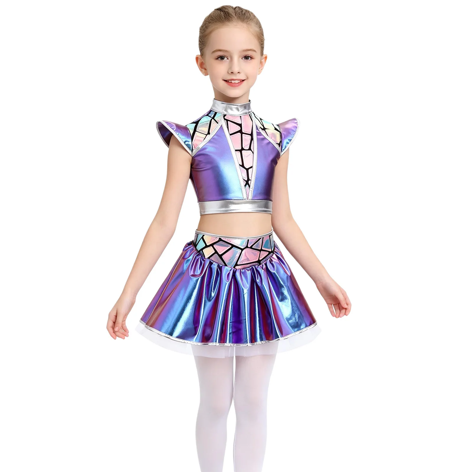 Mädchen-Cheerleader-Kostüm, Alien-Cosplay, Jazz-Hip-Hop-Cheerleading-Outfits, metallischer Reißverschluss hinten, bauchfreies Oberteil, mehrlagiger Rüschenrock – Detail 9