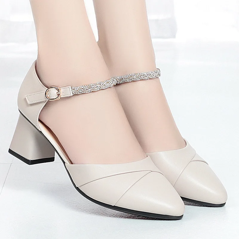 

Lady Fashion Pointed Toe Beige High Quality Pu Leather Buckle Strap Square Heel Shoes Women Party Pumps Elegant Office Work Mom