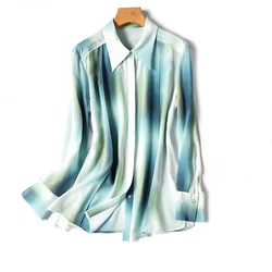 New 2024 Satin Surface Summer Women's Shirts Casual Fashion Simplicity Tops Tie Dye Printing Turn-down Collar Long Sleeved Shirt