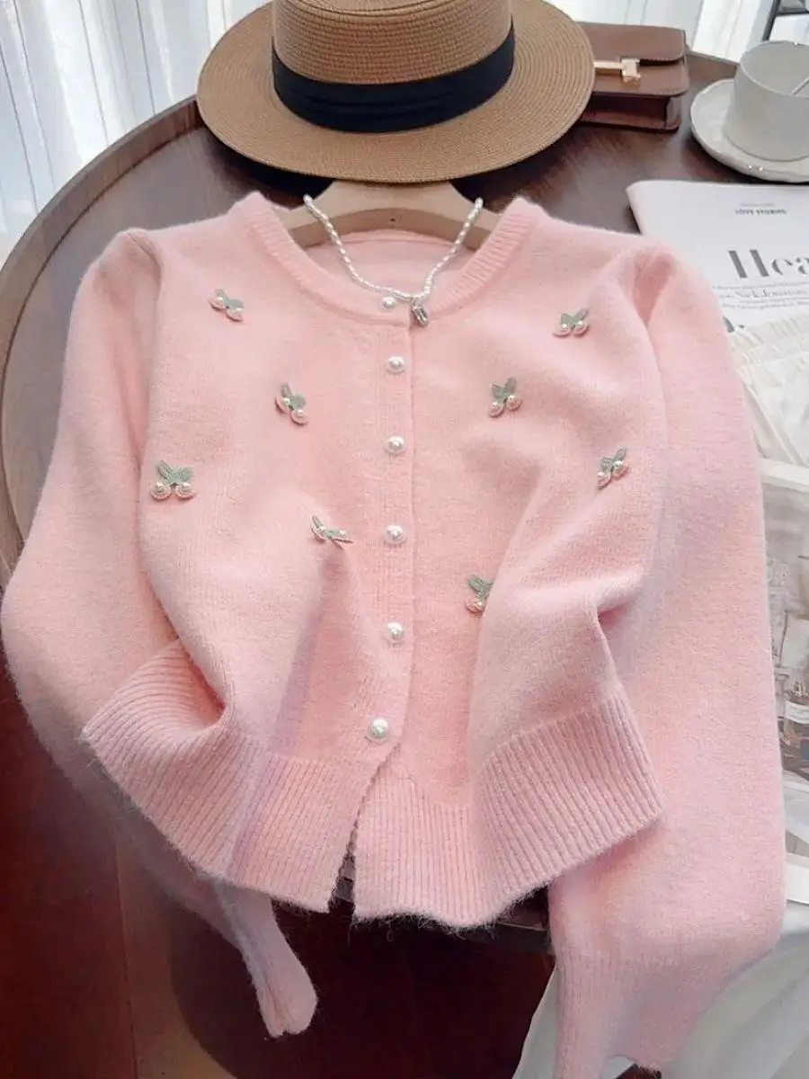 Sweet Soft Knitted Cardigan Women's round Neck Spring Autumn Korean Style Long Sleeve Sweater Jacket Gentle Gentlewoman's Out...
