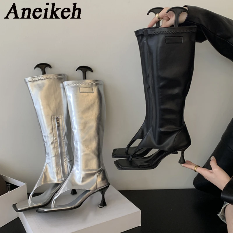 Aneikeh 2024 Sexy PU Square Head Clip Toe Sandals Boots Women\'s Thin Heel Side Zipper Sewing Chelsea Knee High Boots Party Ball