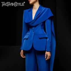 TWOTWINSTYLE Spliced Lace Up Blazer For Women Notched Collar Long Sleeve Patchwork Pocket Minimalist Designer Coat Female New