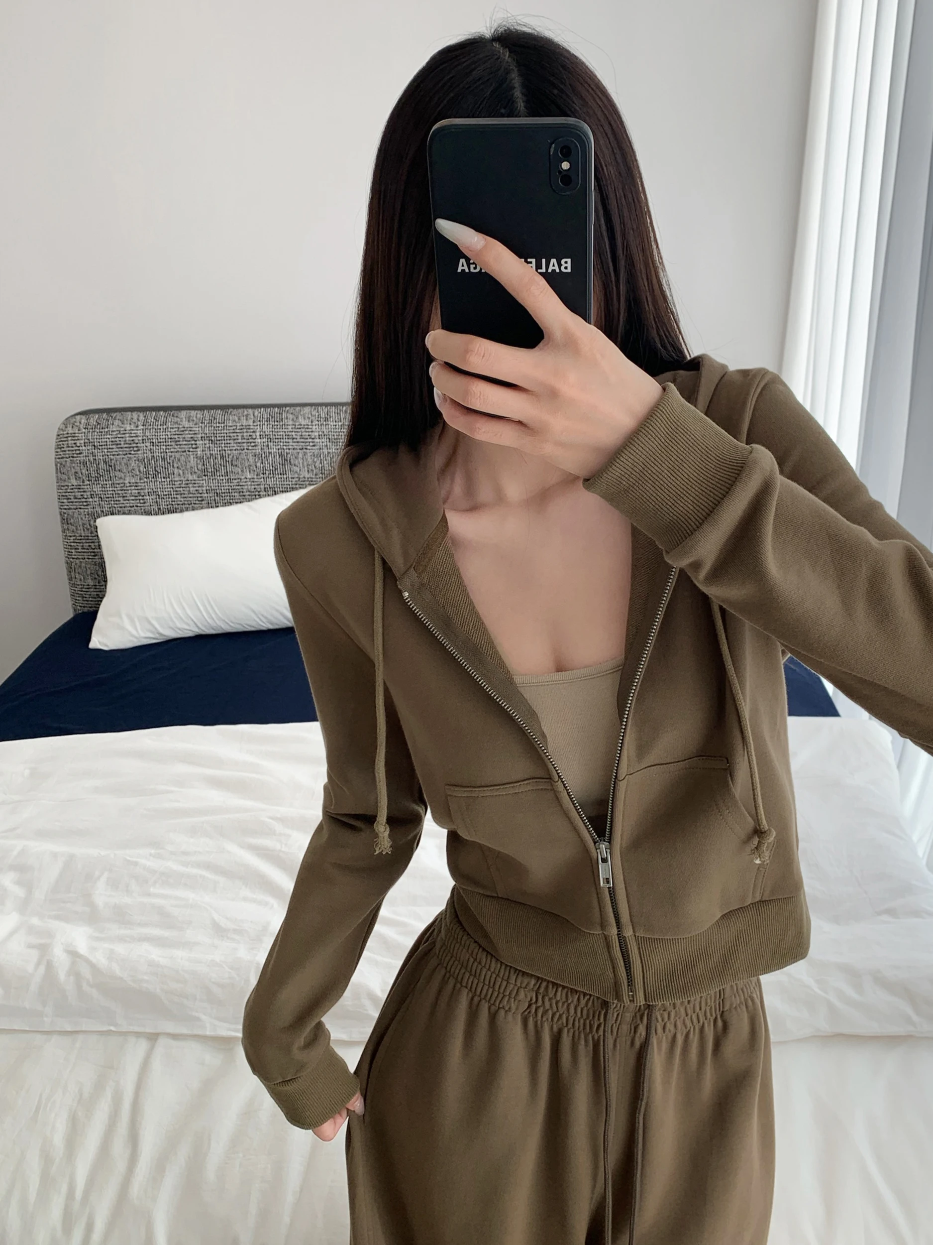 

Высокая женская толстовка с капюшоном на молнии, винтажная спортивная одежда, Zhang Zi, американский свитер с застежкой на талии, кофейный цвет, Jaet