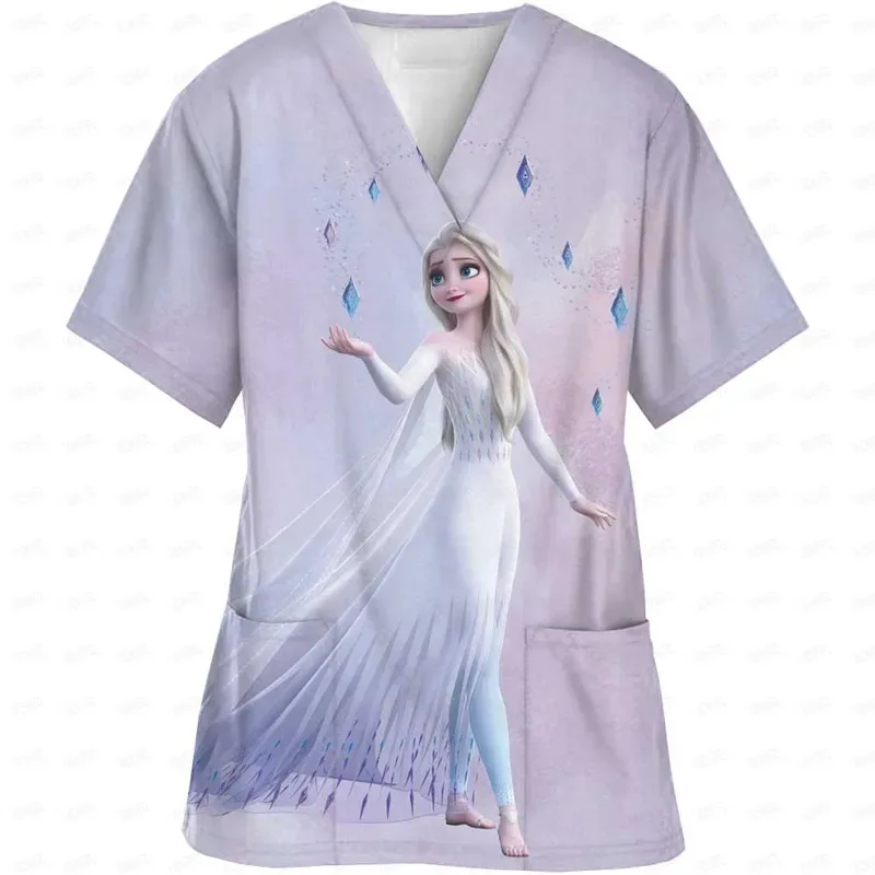 Womens Short Sleeve V Neck Disney Princess Print Top Nursed Working Blouse With Pockets Mock Hospital Nursing Uniform Accessory