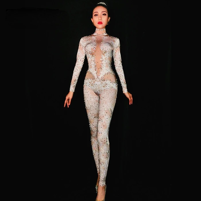 Fashion Rhinestones Jumpsuit Leggings Stretch Sexy Costume Women Nightclub Party Wear Dance Bodysuit Fashion Rompers