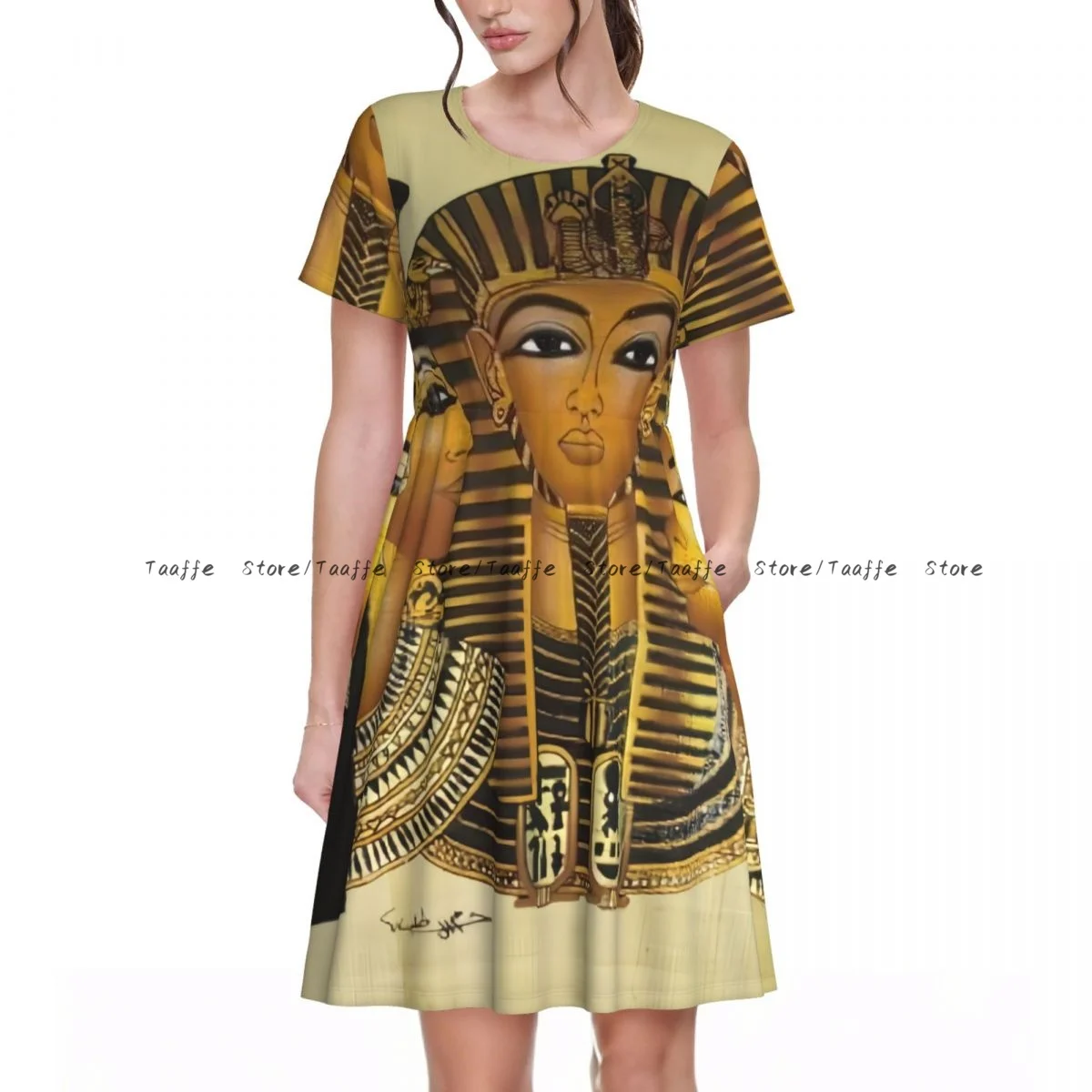 

Elegant Women Dress Ancient Egypt Nefertiti Turn-down Collar Short Sleeve Body-Shaping Street Robe