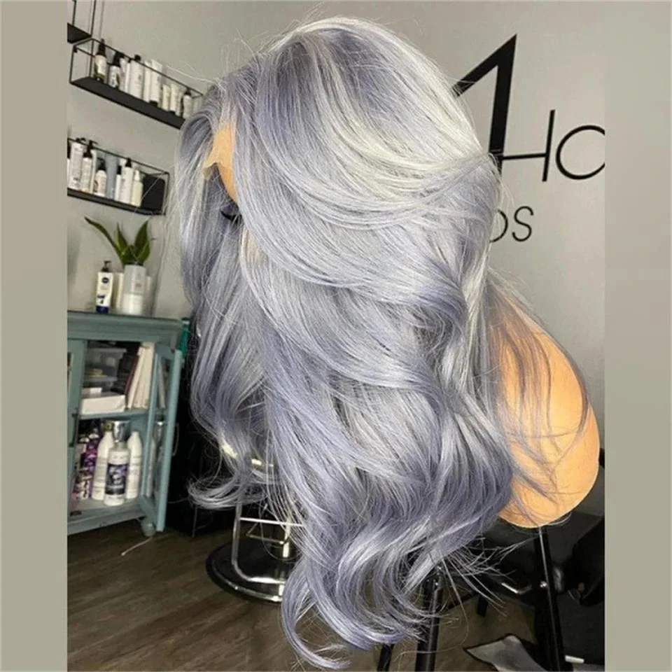 رمادي الباروكات طويل الجسم موجة الدانتيل شعر مستعار أمامي 13x4 HD قبل قطعها الاصطناعية مقاومة للحرارة شعري طبيعي الألياف الشعر اليومي تأثيري