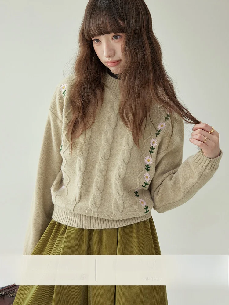 

AMUU Original Anti-Aging Embroidered Twist Flower Loose oulder Sweater Women's Winter New Sle Comfortable Fit round Ne ...