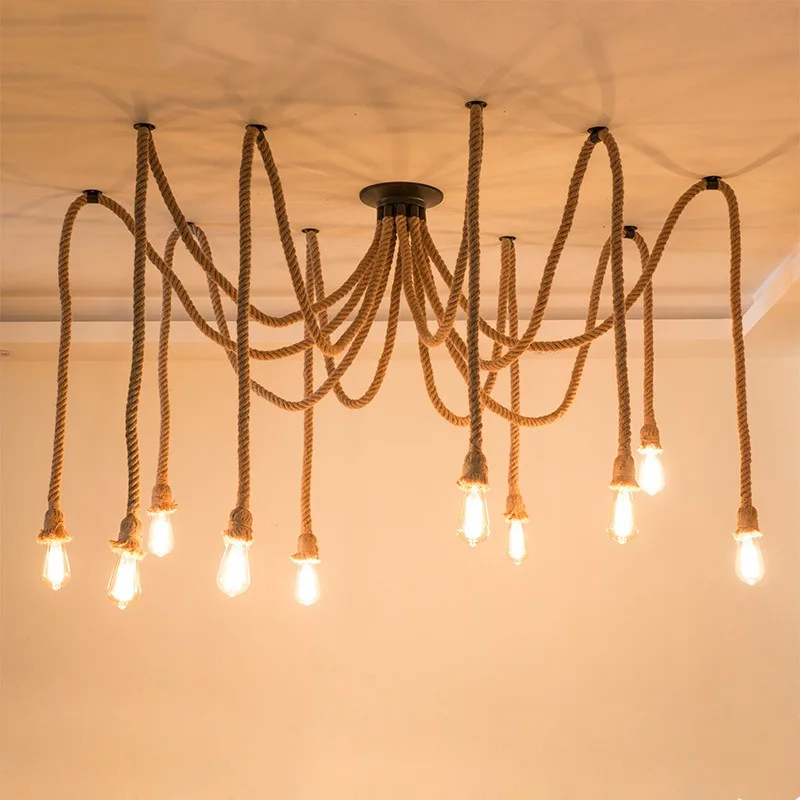

American Retro Industrial Style 3.4.5.6.8.10 Heads Chandelier Office Restaurant Booth Lighting Stylized Spider Hemp Rope Lamp