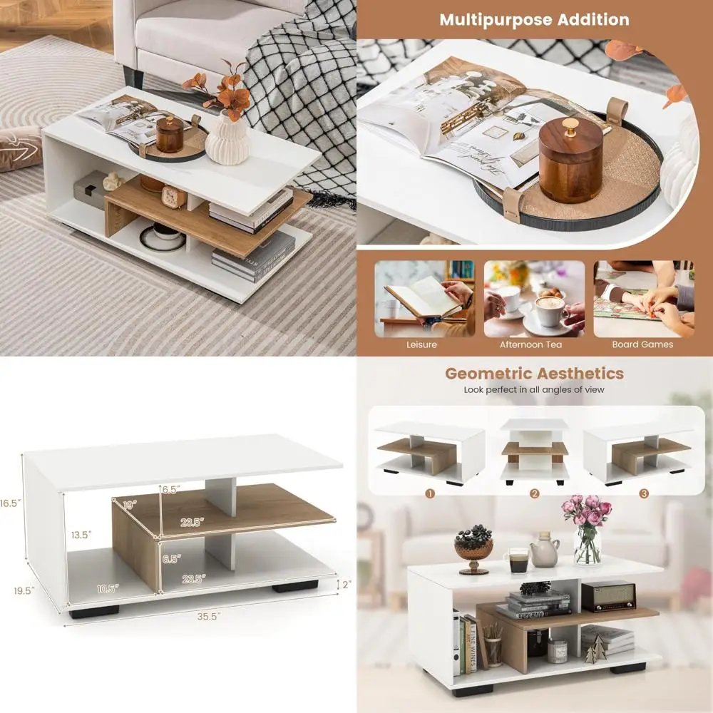 

Modern Rectangular 3-Tier Accent Table with L-Shaped Middle Shelf for Living Room, Natural and White Finish