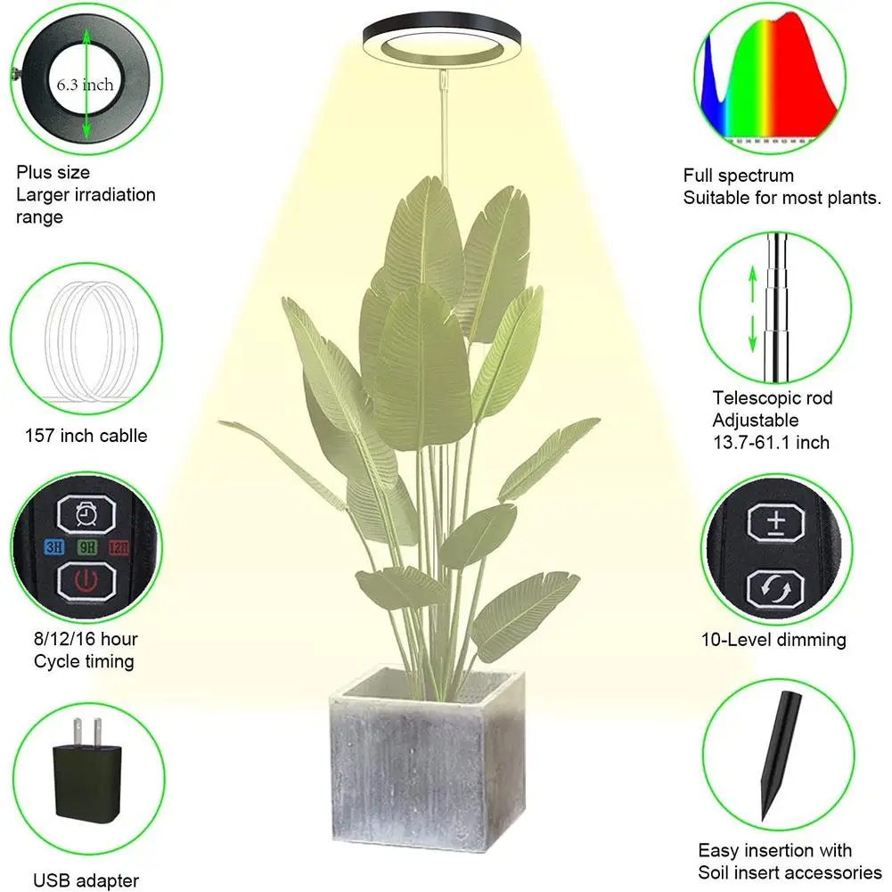 Luz de planta de espectro completo, lámpara de crecimiento de plantas, 72 LED, 5 brillo ajustable, 3/9/12H, temporizador de encendido/apagado, para promover el crecimiento de las plantas