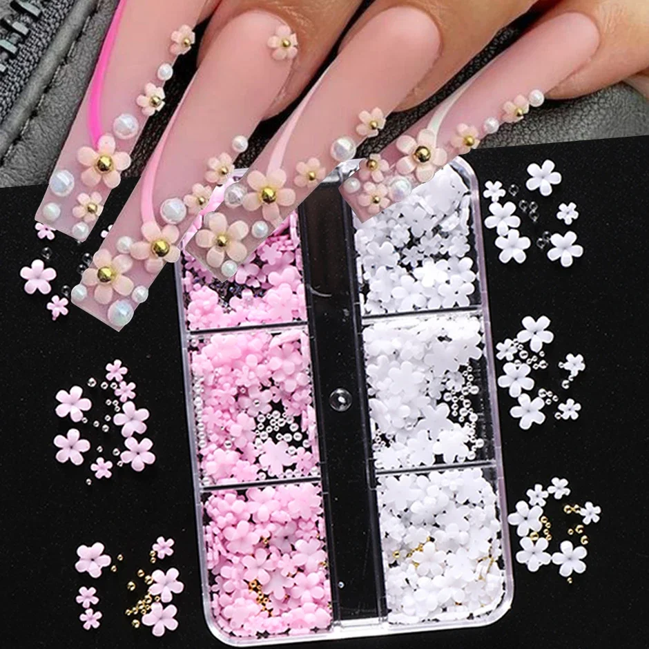 6 Grids Nail Art Decoration Pink White Acrylic Flower Charms with Beads Gem Rhinestone DIY Parts for Accessories Tool SASZCT-156