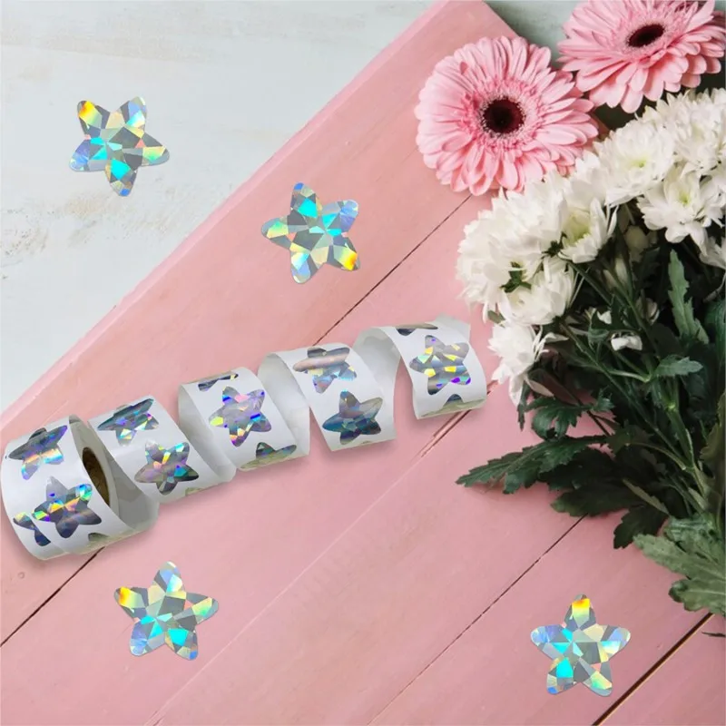 100-500pcs Holographic Star Reward Stickers Silvery 1-Inch Foil Labels for Kids Classroom Wall Crafts