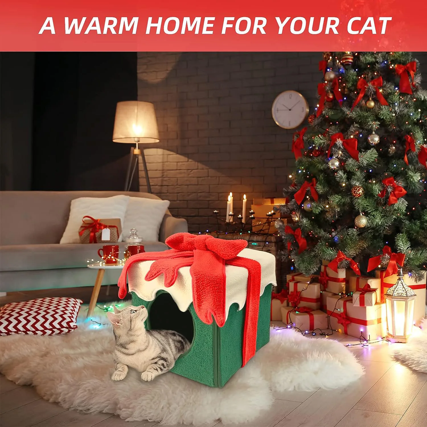 Universal Christmas Gift Box Cozy Nesk Cat House Cave Dog Kennel Winter Warm House Four Seasons Sweet Kittens Basket Bed