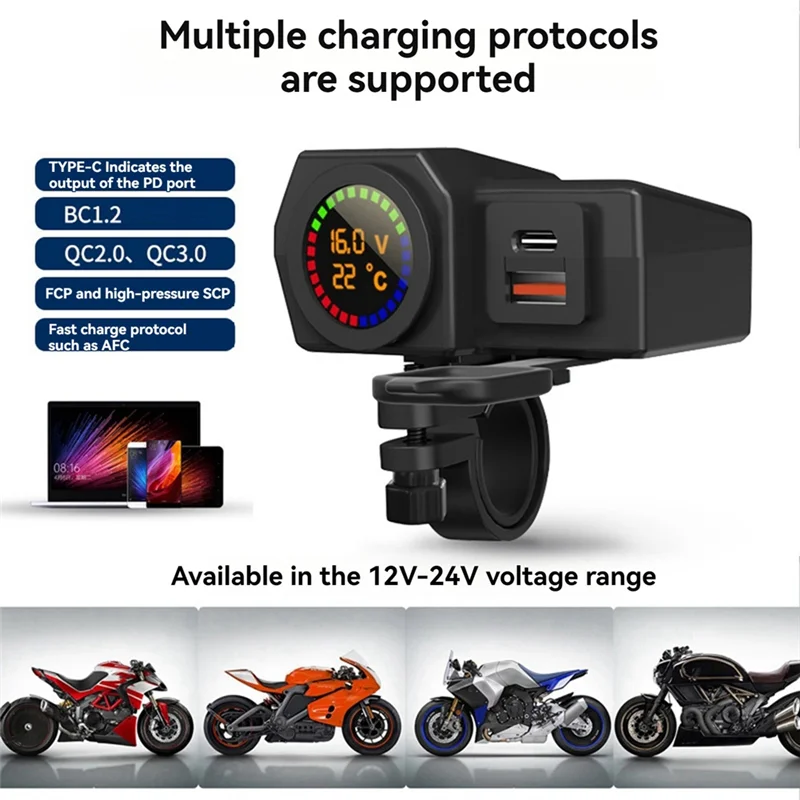 USB Socket Motorcycle Handlebar & Rear Mirror Waterproof Fast Charger Phone Power Adapter Digital Voltmeter Thermometer