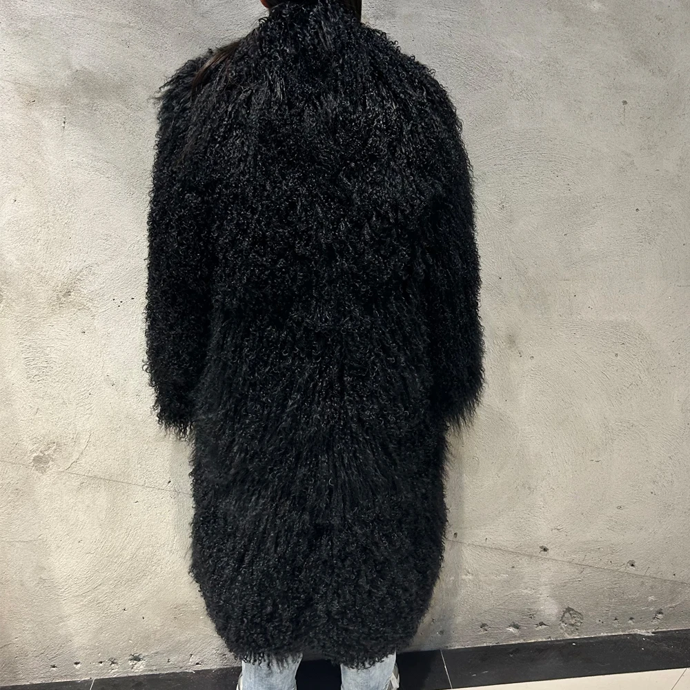 Black Long Mongolian Fur Coats 2024 Warm Curly Fur jacket Winter Natural Sheep Fur Coat