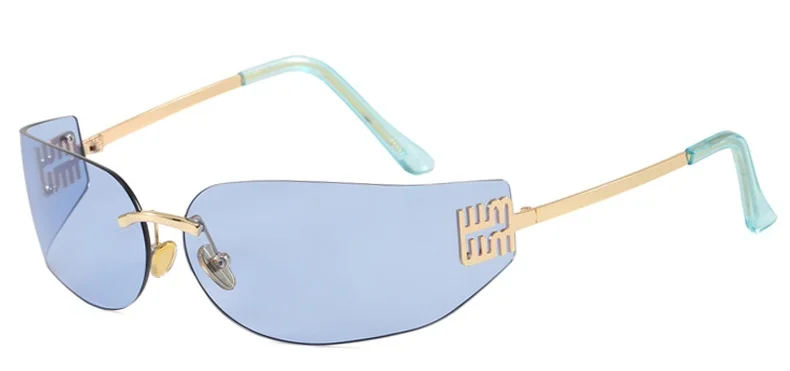Hochwertige Randlose Rahmenlose Sonnenbrille für Damen Luxuriöse Personalisierte Y2k Gebogene Metallbuchstaben Sonnenbrillen Damenschattierungen