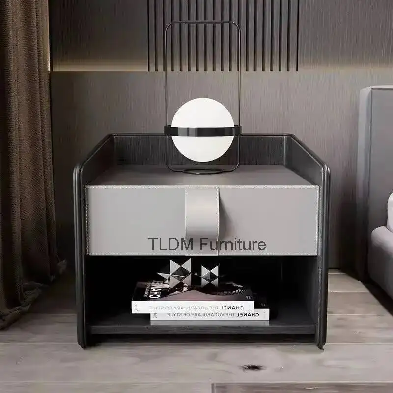 Simple Italian Saddle Leather Bedside Home Tables Light Luxury Bedroom Modern Bedside Storage Cabinets Living Room Study Storage