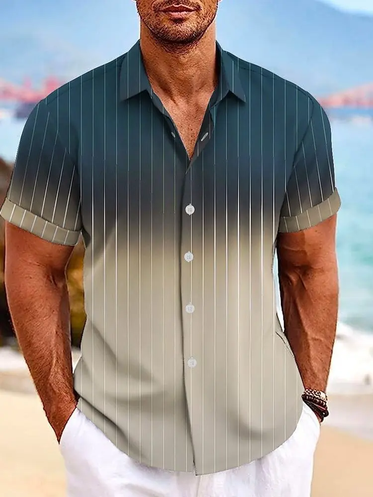 

Men's Printed ort Sve irt with adient Stripes And Button-Up Collar Casual Loose Fit Youthful Sle for Daily Wear