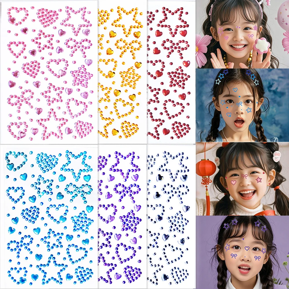 1PC 3D Gems Rhinestones Face Stickers Multicolor Crystal Diamond Temporary Tattoos Self Adhesive Bling Jewels Girls Face Decals