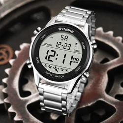 SYNOKE Stainless Steel Strap Digital Men's Watches Chrono Clock Waterproof Male Wristwatch Electronic Watches Relogio Masculino