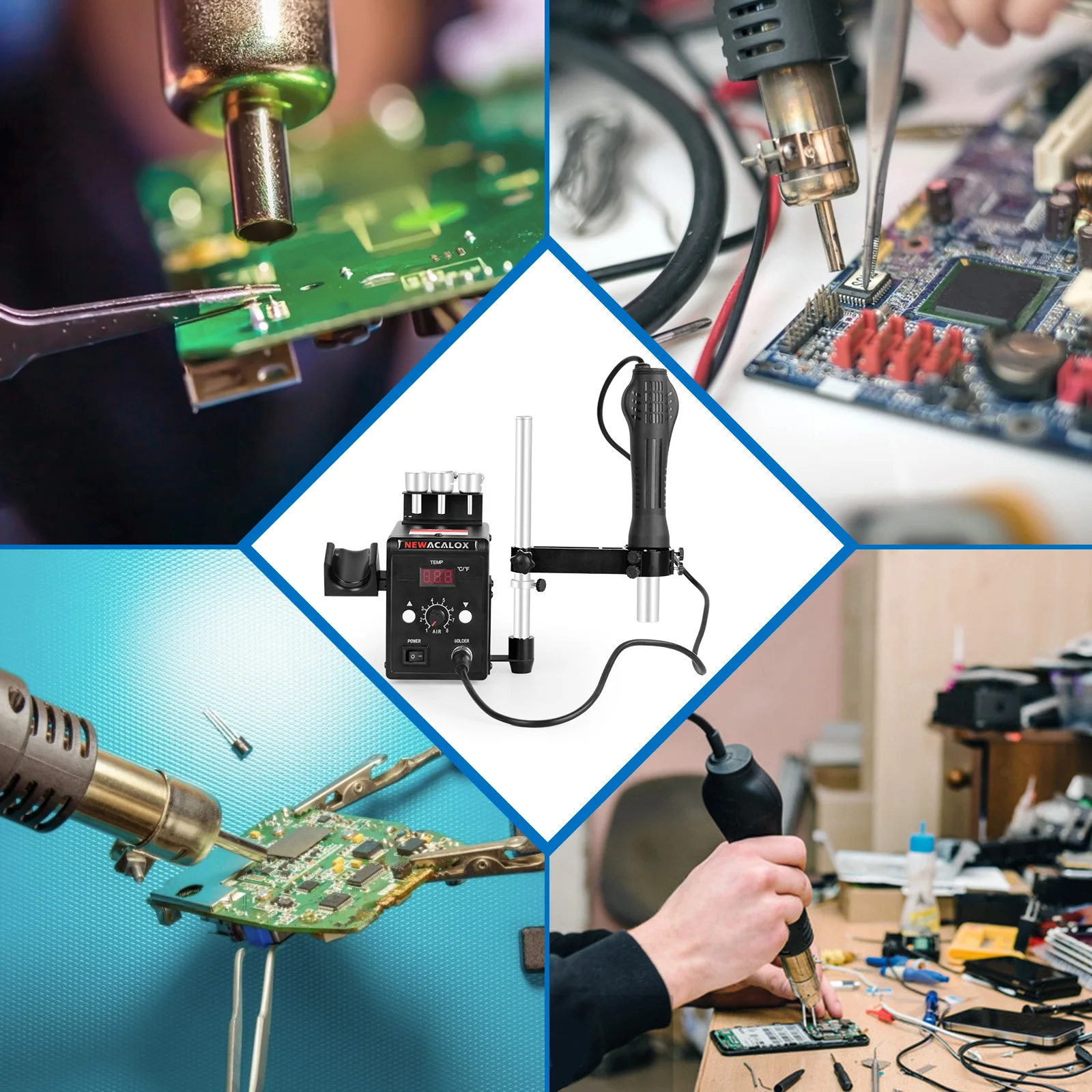 NEWACALOX 858D Digital Hot Air SMD Soldering Rework Station with Quick-Change Nozzle System 100-500℃ Adjustable Temperature