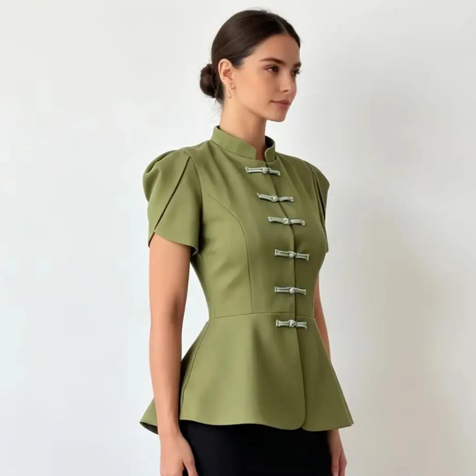 Retro Frog Peplum Blouse with Stand Collar and Puff Sleeves