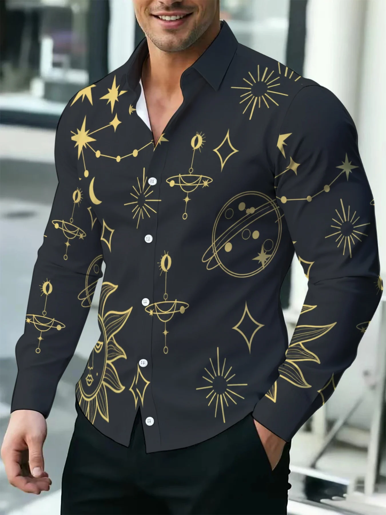 Men Long‑Sleeve Button‑Down Shirt Black Golden Celestial Planet Moon Star Print Polyester Lapel Collar Casual Top