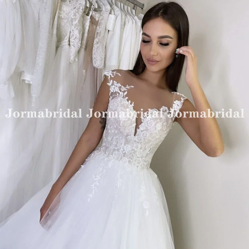 Vestido de boda de princesa con manga de casquillo, cuello redondo, apliques de encaje, blanco, de tul, longitud completa