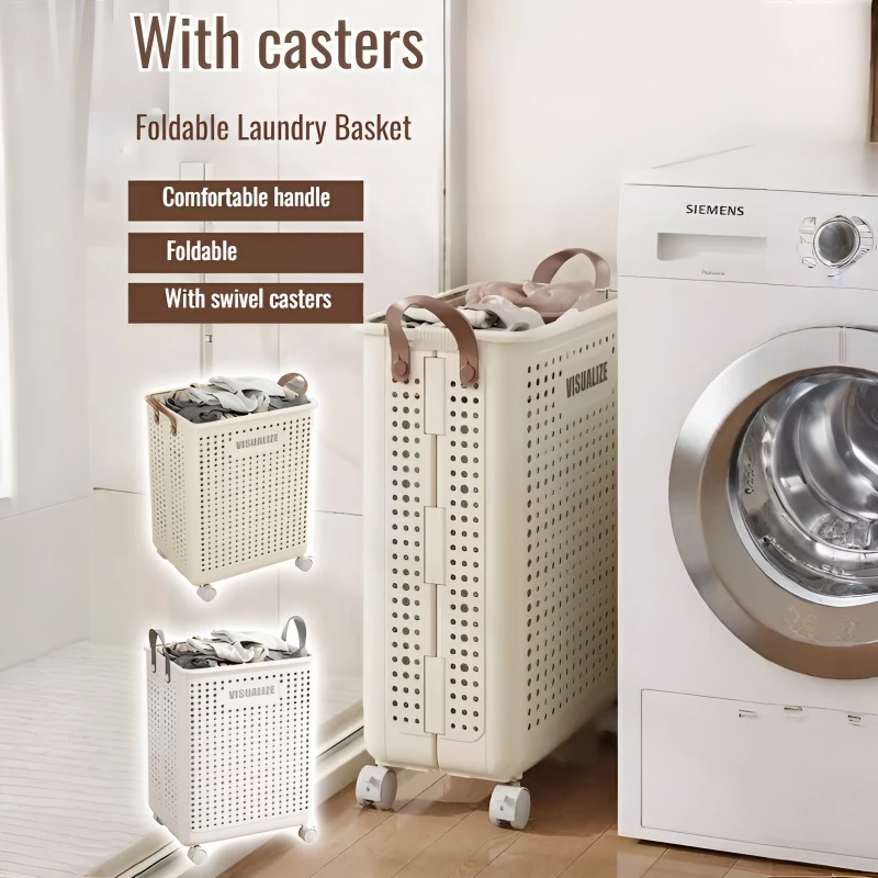 

Plastic Dirty Clothes Basket With Wheel Foldable Household Dirty Clothes Storage Basket Large Capacity Bathroom Laundry Basket