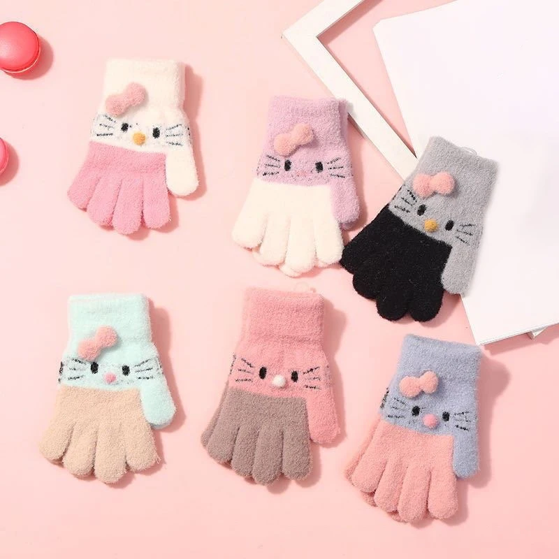 Sanrio HelloKitty Winter Warm Woolen Gloves For 4-9 Years Old Cat Fingers Children's Color Block Gloves Cute Knitted Wool Gloves