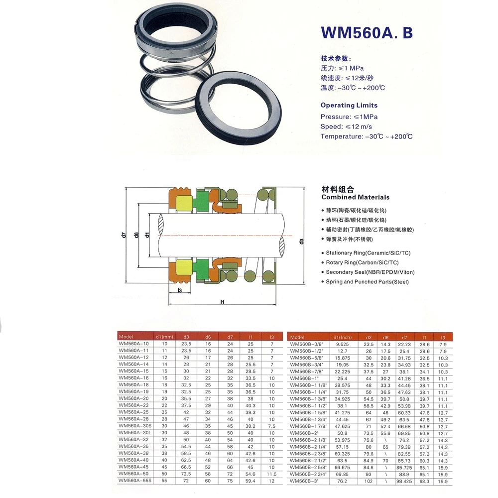 SiC-G-FKM 560-12/14/15/16/17/18/19/20/22/25/28/30/32/35/38-60mm Mechanical Shaft Seal Single Spring For Water Pump