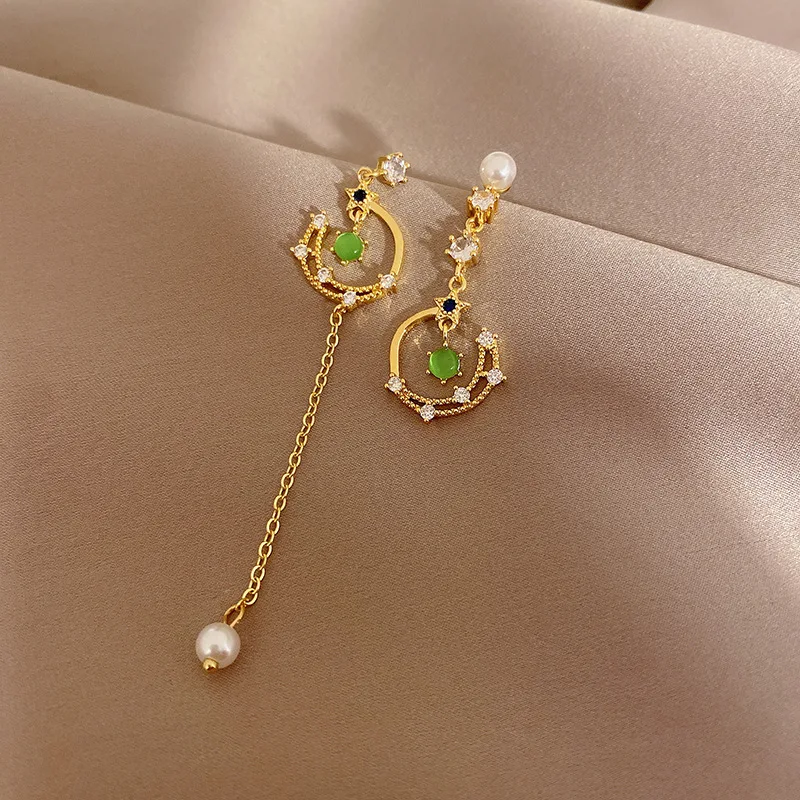Korean Trend Asymmetric Hollow Moon Tassel Drop Earrings For Women Exquisite Zircon Opal Earring Wedding Jewelry Birthday Gift