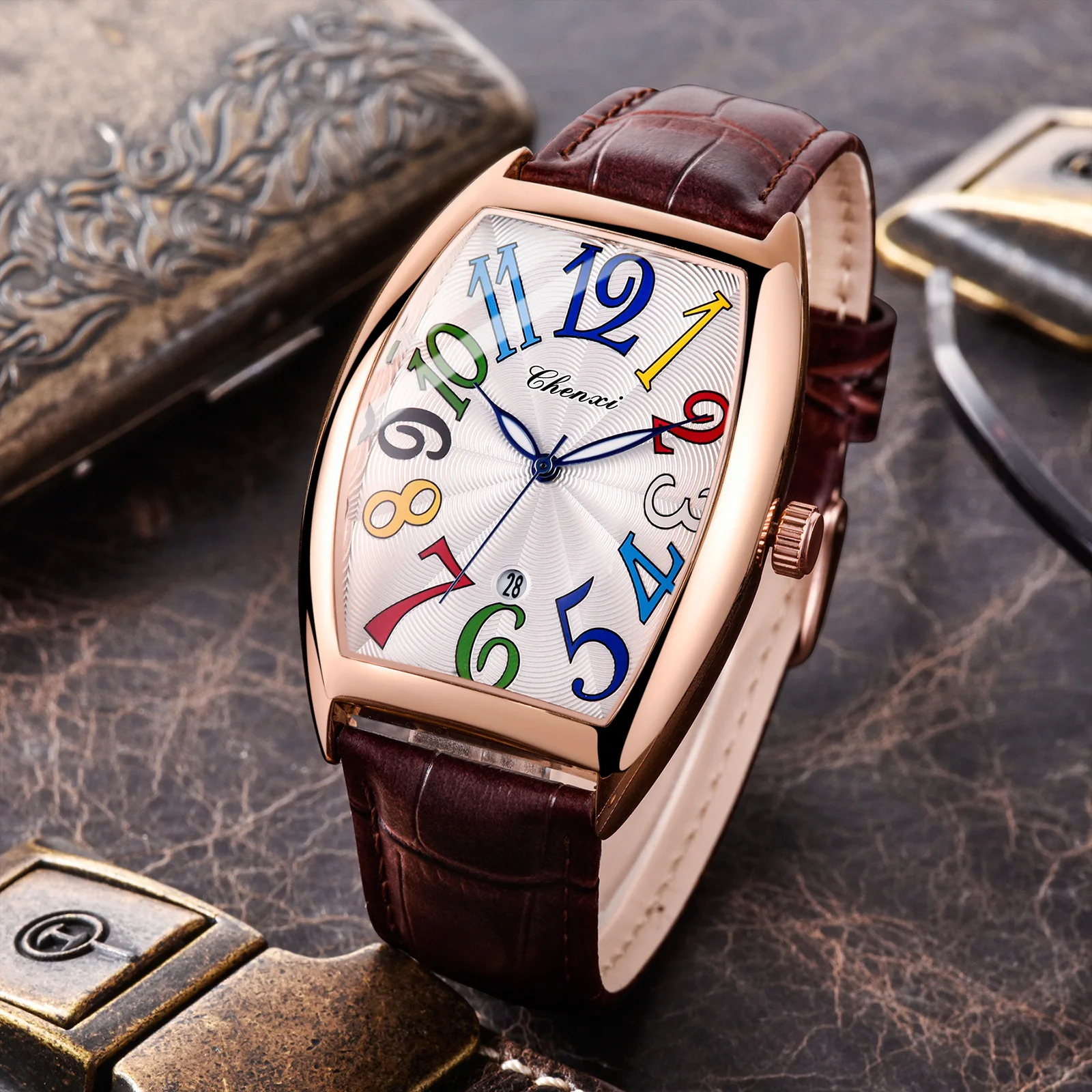  Barrel-Shaped Quartz Watch - Colorful Number Dial, Black Leather Strap, Stylish Design,men quartz watch waterproof wrist watch