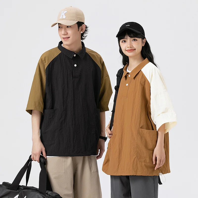 

Couple Japanese Shirt Harajuku Oversized Short Sleeve Shirt for Men Women Hawaiian Contrast Stitching Polo Geometric Streetwear