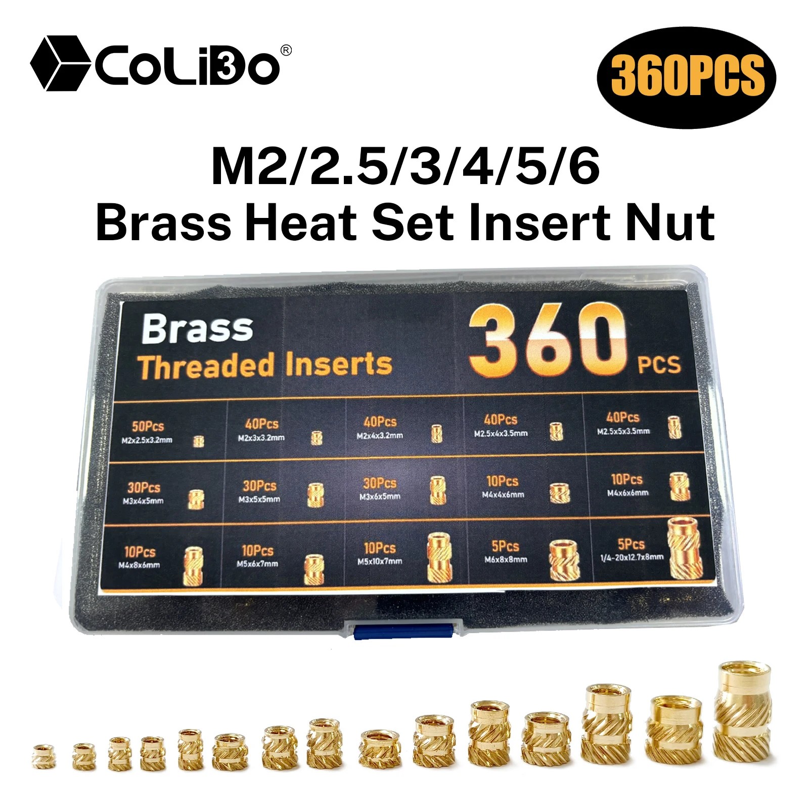 360 PCS Heat Set Inserts, M2/ M2.5/ M3/ M4/ M5/ M6 Threaded Inserts, Brass Metric Knurled Nuts Assortment Kit, 3D Printer Parts