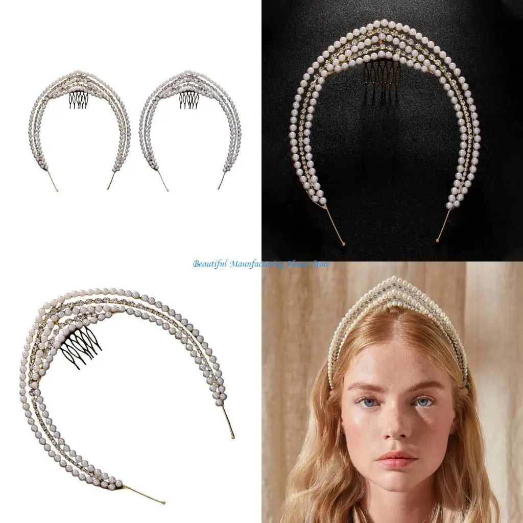 E56A Rhinestones Headband Pearls Bride Pageant Prom for Livehouse Nightclub Props