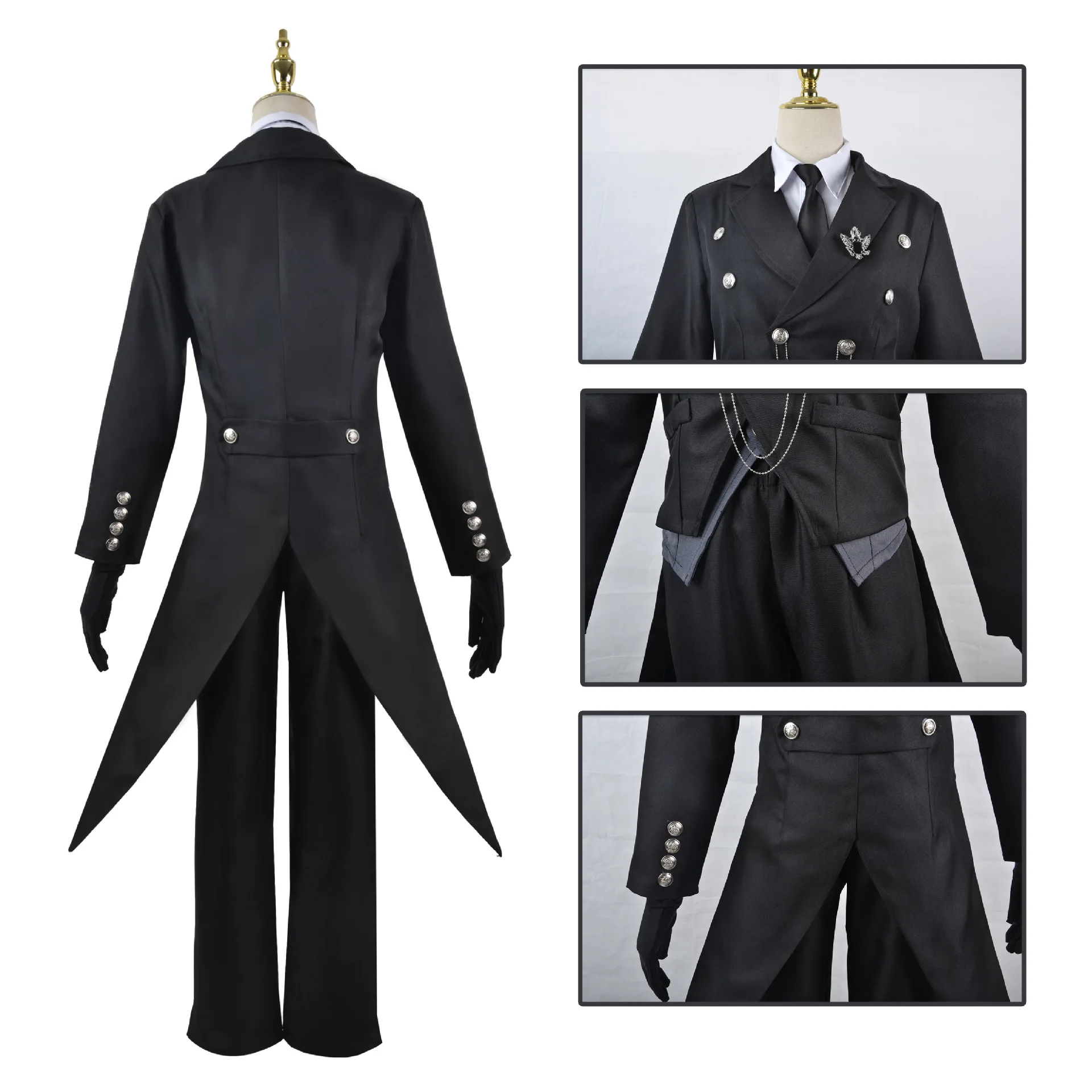 Black Butler Sebastian Cosplay Full Set Men EU Size Tuxedo Costume, Coat Vest Shirt Pants Gloves Necktie Brooch Chain view 2