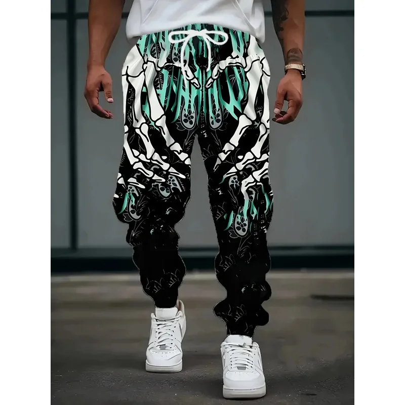 

Fashionable Men's Autumn Skeleton Hand Printed Soft and Comfortable Drawstring Pants Outdoor Urban Party Casual Pants
