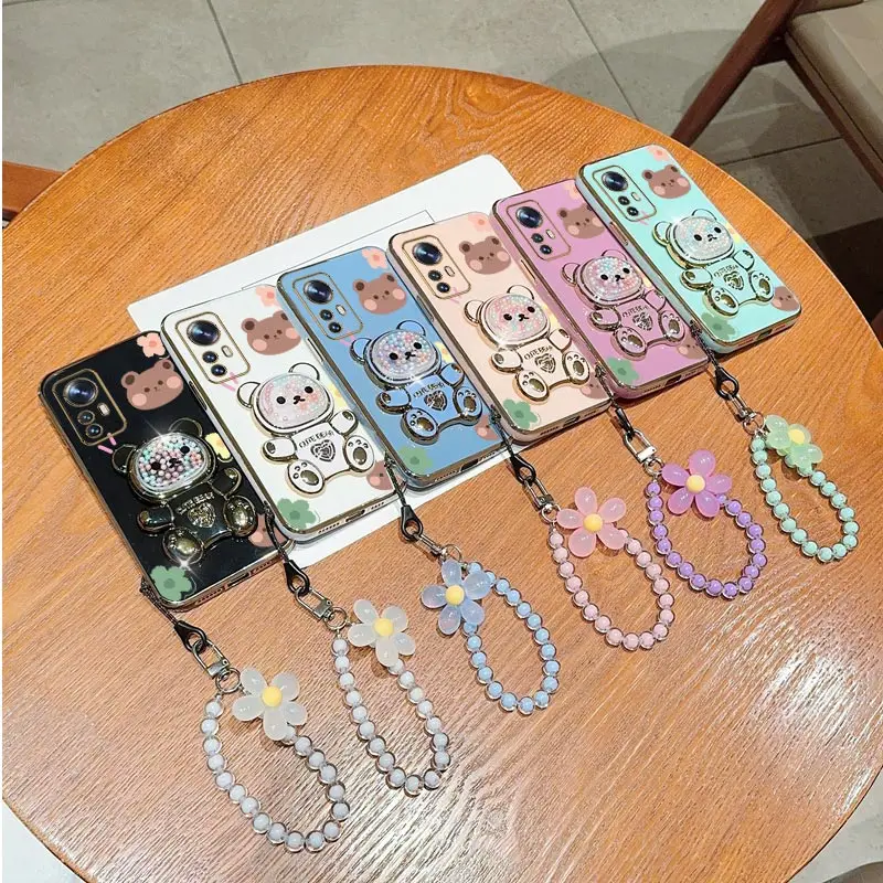 Mi12 Mi13 Flower Strap Lanyard Cute Bear Phone Holder Case On For Xiaomi Mi 12 12T 8 9 10 10s 11 11T 13 14 Lite Pro Stand Cover